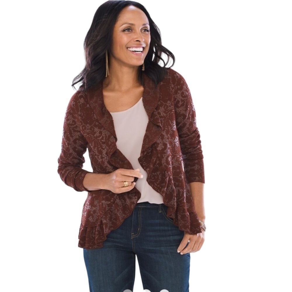Chico's ruffle open front Burnout Cardigan size 1 (medium)